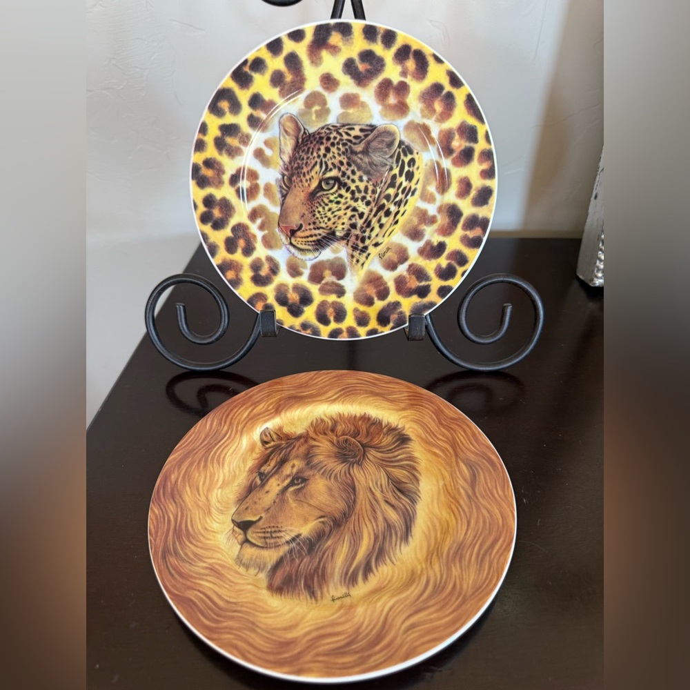 Set 2 Cheetah‎ & Lion Salad Plates Email de Limoges I Godinger Fiorilli Wildlife